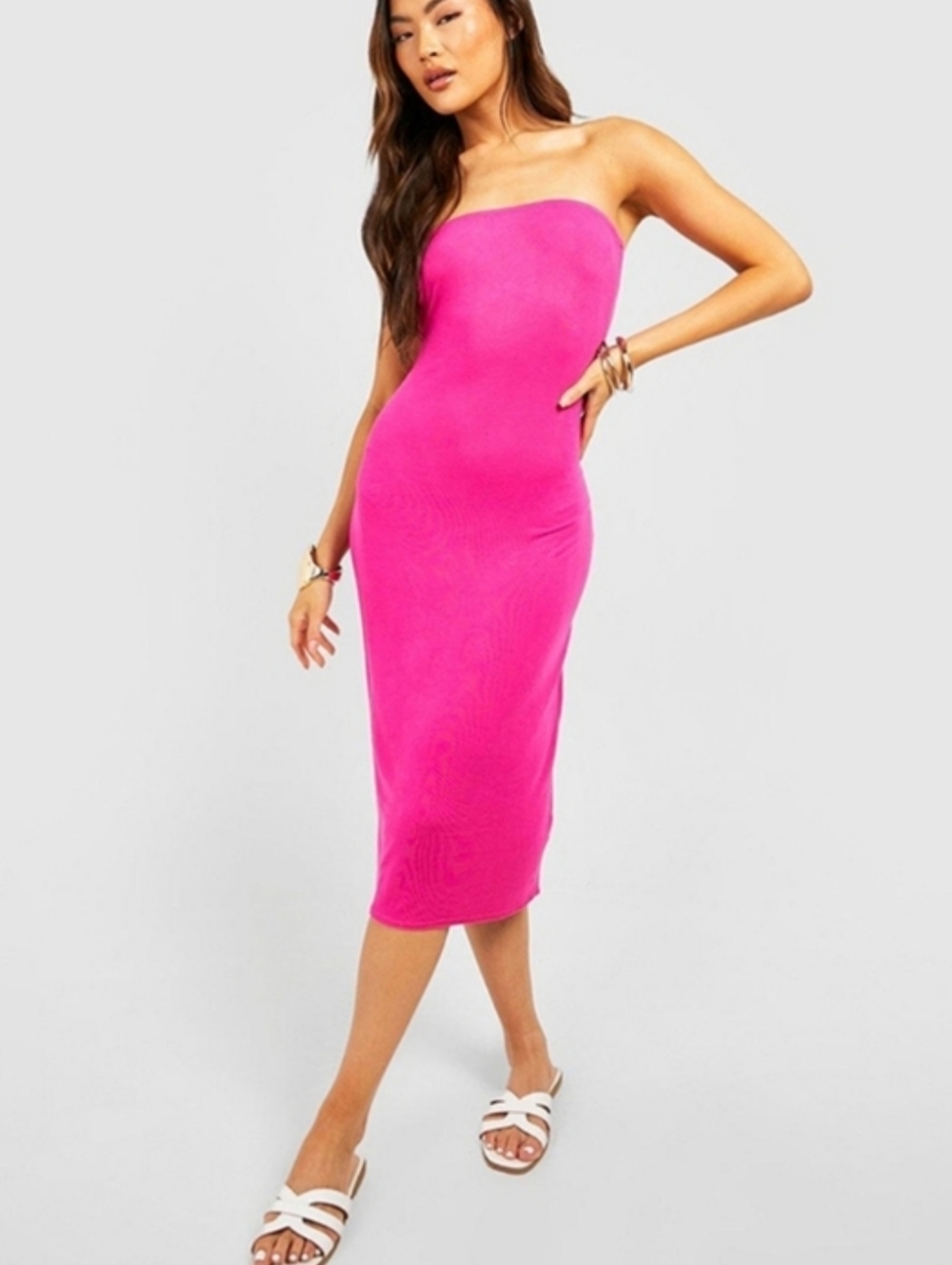 Boohoo Strapless Fuchsia Midi Bodycon Dress